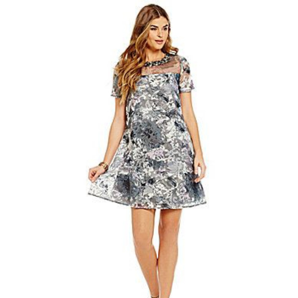 Badgley Mischka Cut Velvet Beaded Neckline Dress
